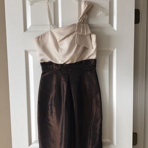 One shoulder cream and brown dress